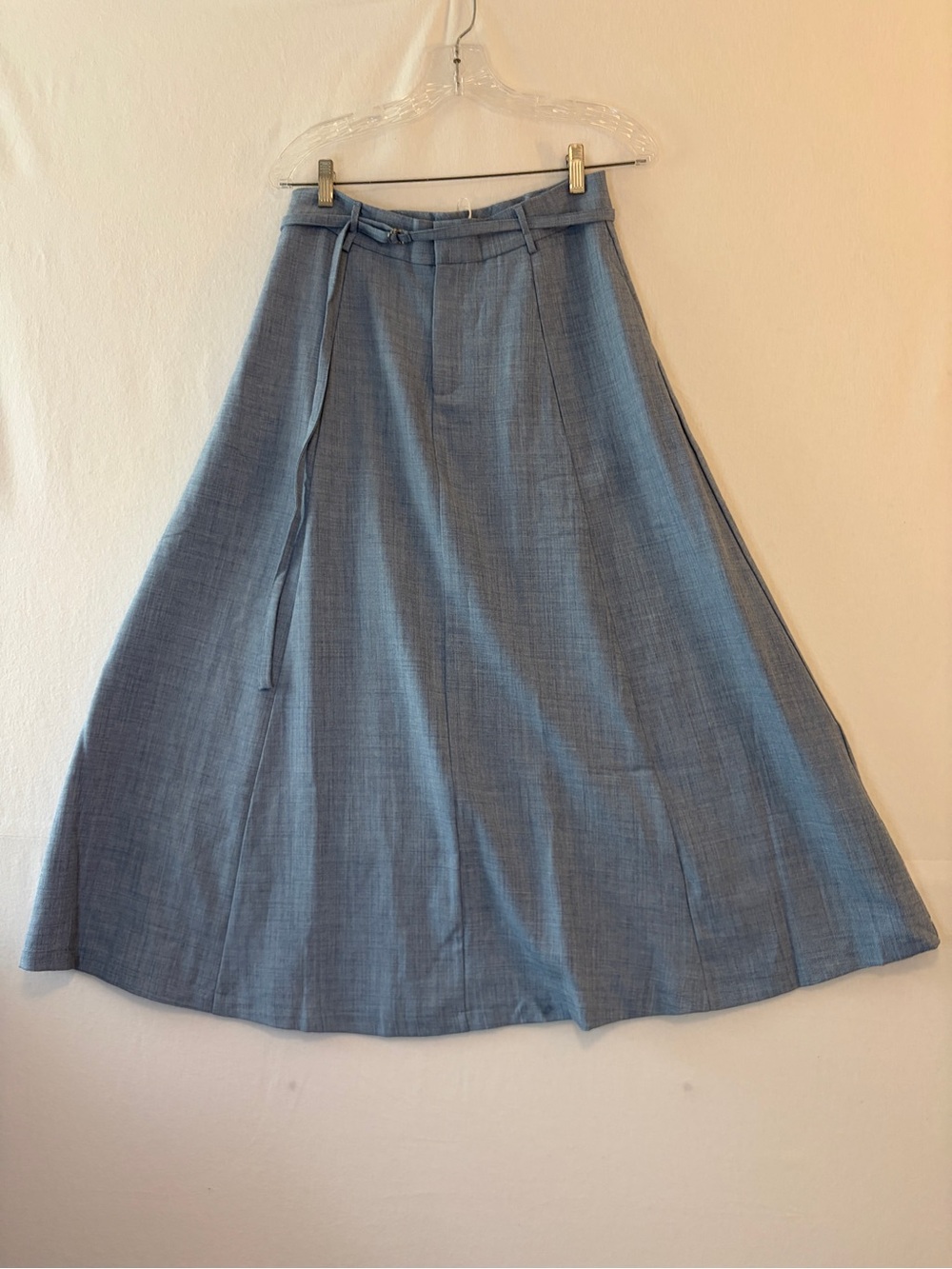 Light Blue A-Line Midi Skirt with Waist Tie